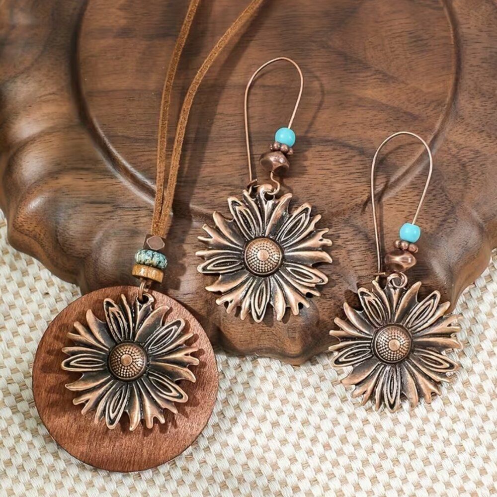 Necklace Earring Set Copper-Colored Floral Round on Wood Disk -Double-Layer